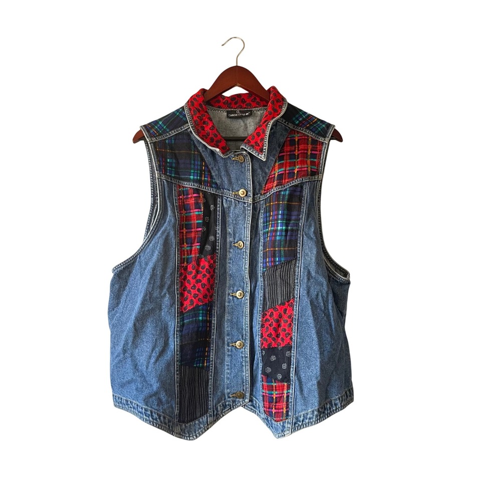 Carole Little Vintage‎ Patchwork Denim Vest Blue Plaid Paisley Mixed Media 2xl